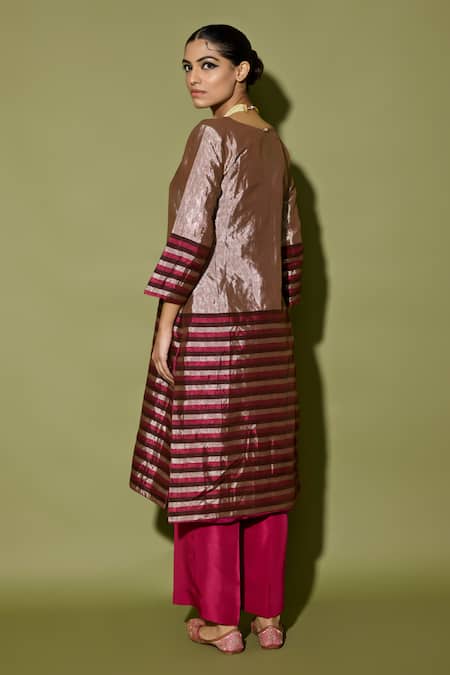 Apeksha Jain Label Burgundy Tissue Stripe Kurta Set 
