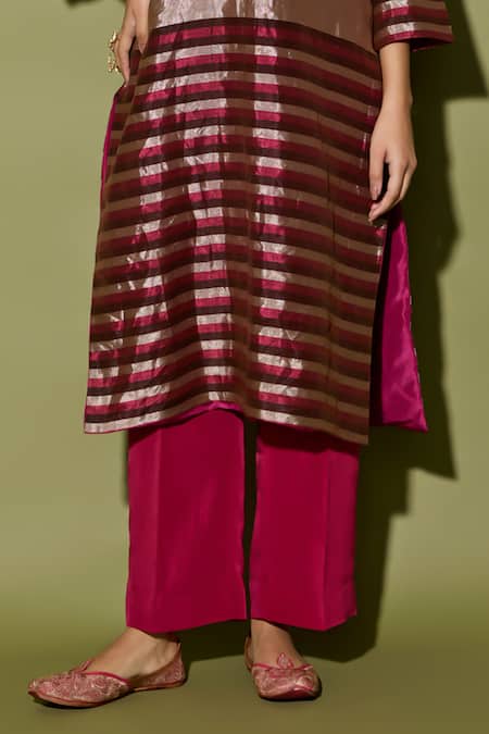 Buy_Apeksha Jain Label_Burgundy Tissue, Silk Round Neck Stripe Kurta Set _Online_at_Aza_Fashions