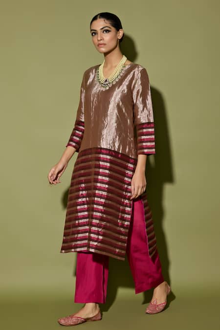 Shop_Apeksha Jain Label_Burgundy Tissue, Silk Round Neck Stripe Kurta Set _Online_at_Aza_Fashions