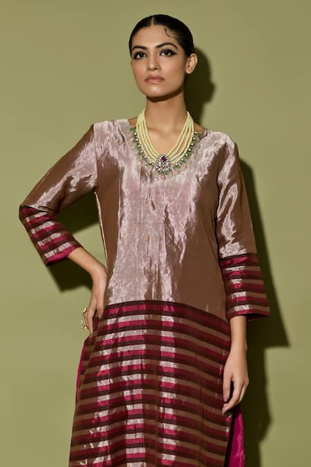 Apeksha Jain Label_Burgundy Tissue, Silk Round Neck Stripe Kurta Set _at_Aza_Fashions