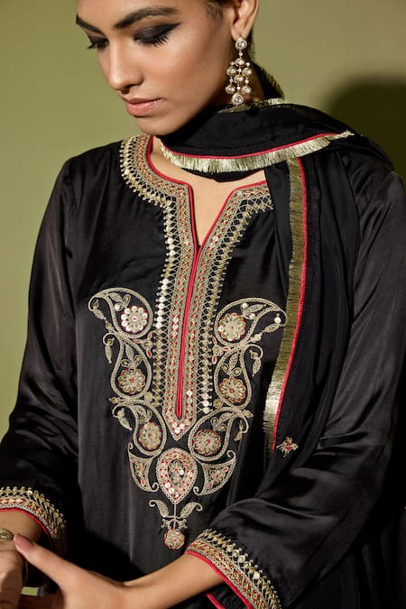 Apeksha Jain Label_Black Satin, Organza Embroidery Split V-neck Hand Kurta Set _Online_at_Aza_Fashions