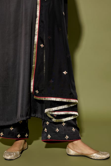 Shop_Apeksha Jain Label_Black Satin, Organza Embroidery Split V-neck Hand Kurta Set _Online_at_Aza_Fashions