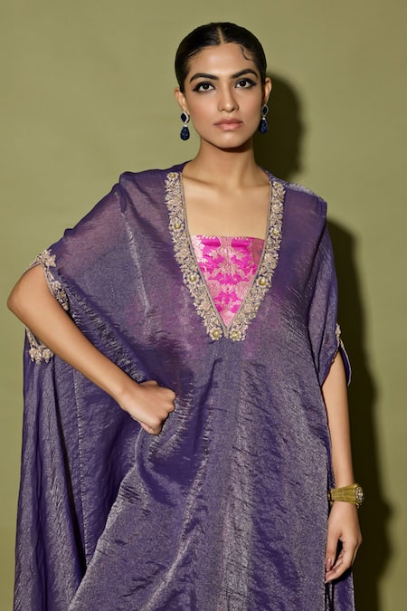 Apeksha Jain Label_Purple Tissue, Brocade Embroidery, Zari V-neck, Round Asymmetrical Kurta Set _Online_at_Aza_Fashions