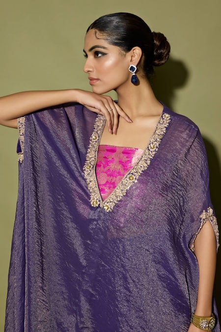 Buy_Apeksha Jain Label_Purple Tissue, Brocade Embroidery, Zari V-neck, Round Asymmetrical Kurta Set _Online_at_Aza_Fashions