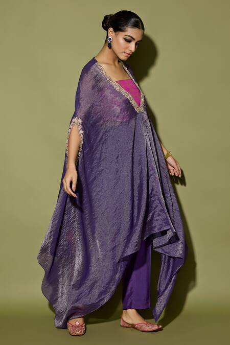 Shop_Apeksha Jain Label_Purple Tissue, Brocade Embroidery, Zari V-neck, Round Asymmetrical Kurta Set _Online_at_Aza_Fashions