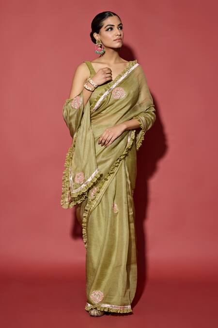 Apeksha Jain Label_Olive Green Kota Doria, Tissue Embroidery, Patti, Pearls, Silk Saree Set _Online_at_Aza_Fashions
