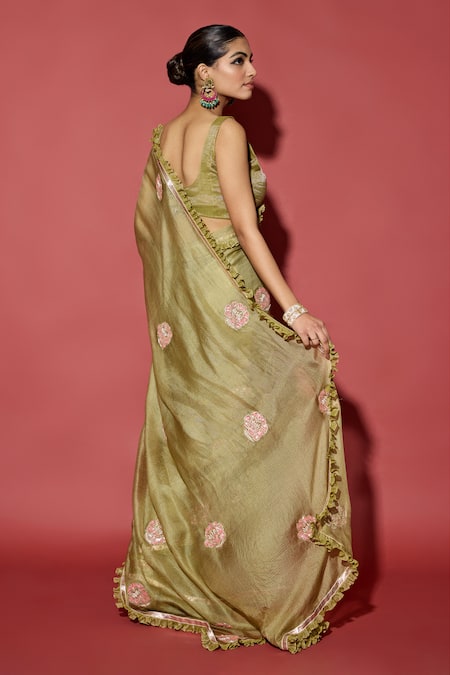 Shop_Apeksha Jain Label_Olive Green Kota Doria, Tissue Embroidery, Patti, Pearls, Silk Saree Set _Online_at_Aza_Fashions