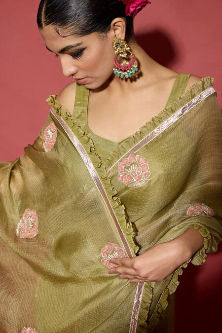 Apeksha Jain Label_Olive Green Kota Doria, Tissue Embroidery, Patti, Pearls, Silk Saree Set _at_Aza_Fashions