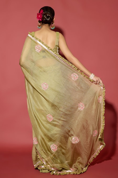 Apeksha Jain Label Olive Green Kota Silk Saree Set 