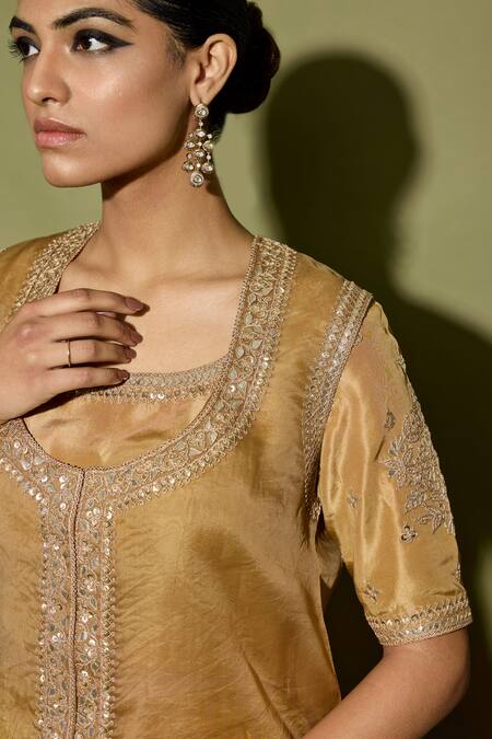 Apeksha Jain Label_Brown Organza, Satin Embroidery, Gota Patti, Sequins Moose Kurta Sharara Set _Online_at_Aza_Fashions