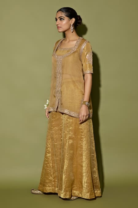 Shop_Apeksha Jain Label_Brown Organza, Satin Embroidery, Gota Patti, Sequins Moose Kurta Sharara Set _Online_at_Aza_Fashions