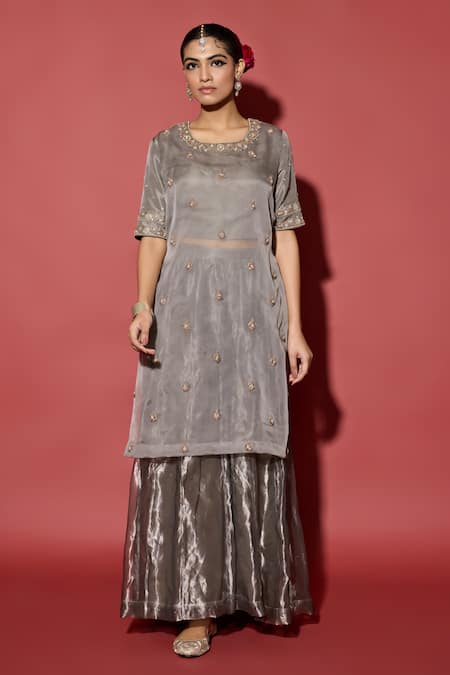 Apeksha Jain Label_Gray Organza, Tissue Zari Round Neck Grey Silver Kurta Sharara Set _Online_at_Aza_Fashions