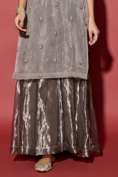 Buy_Apeksha Jain Label_Gray Organza, Tissue Zari Round Neck Grey Silver Kurta Sharara Set _Online_at_Aza_Fashions
