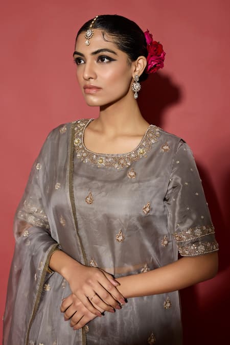 Apeksha Jain Label_Gray Organza, Tissue Zari Round Neck Grey Silver Kurta Sharara Set _at_Aza_Fashions