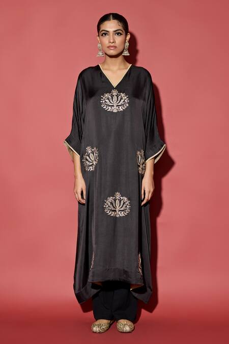 Apeksha Jain Label_Black Satin Sequins, Embroidery V-neck Mughal Motif Kaftan Set _Online_at_Aza_Fashions