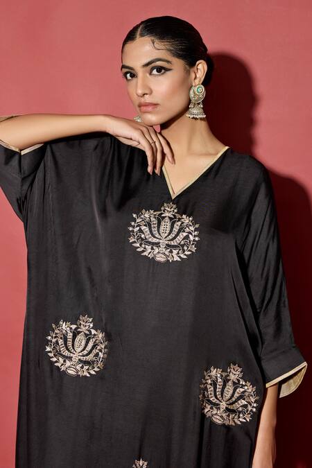 Shop_Apeksha Jain Label_Black Satin Sequins, Embroidery V-neck Mughal Motif Kaftan Set _Online_at_Aza_Fashions