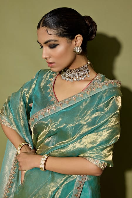 Apeksha Jain Label_Turquoise Tissue Embroidery Round Neck Half Stripe Saree With Blouse _Online_at_Aza_Fashions