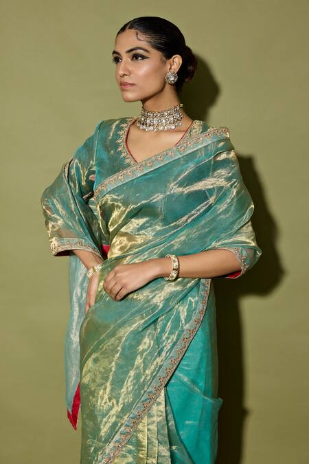 Buy_Apeksha Jain Label_Turquoise Tissue Embroidery Round Neck Half Stripe Saree With Blouse _Online_at_Aza_Fashions