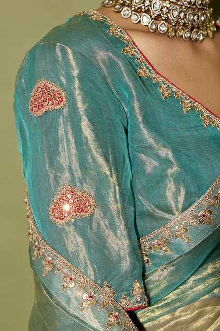 Shop_Apeksha Jain Label_Turquoise Tissue Embroidery Round Neck Half Stripe Saree With Blouse _Online_at_Aza_Fashions