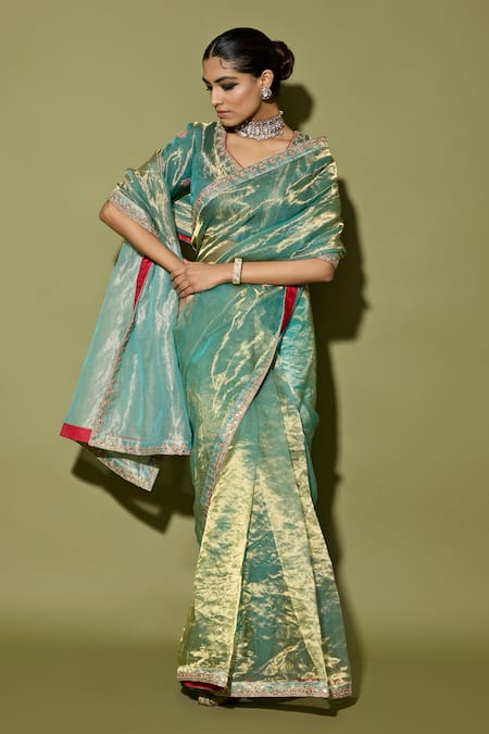 Apeksha Jain Label Turquoise Half Stripe Tissue Saree With Blouse 