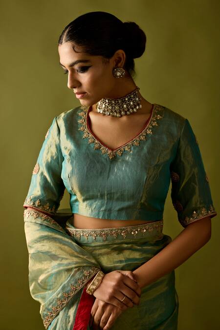 Apeksha Jain Label_Turquoise Tissue Embroidery Round Neck Half Stripe Saree With Blouse _at_Aza_Fashions