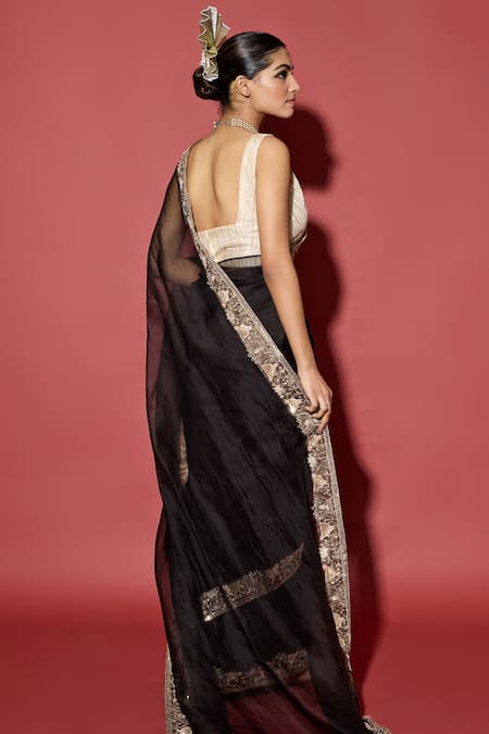 Apeksha Jain Label Black Silk Organza Saree with Handmade Border & Blouse 