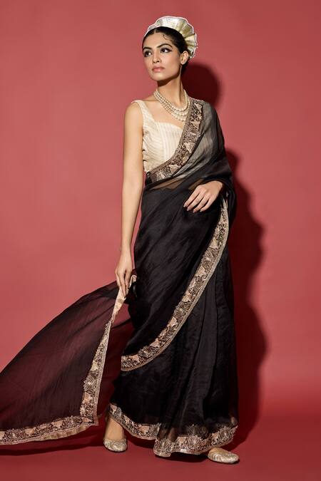 Apeksha Jain Label_Black Organza, Chanderi, Silk Embroidery Saree With Handmade Border And Blouse _Online_at_Aza_Fashions
