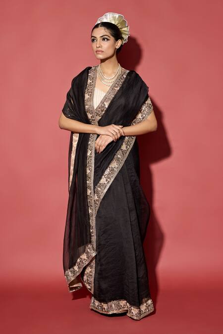Buy_Apeksha Jain Label_Black Organza, Chanderi, Silk Embroidery Saree With Handmade Border And Blouse _Online_at_Aza_Fashions