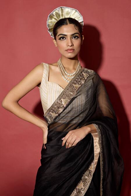 Shop_Apeksha Jain Label_Black Organza, Chanderi, Silk Embroidery Saree With Handmade Border And Blouse _Online_at_Aza_Fashions