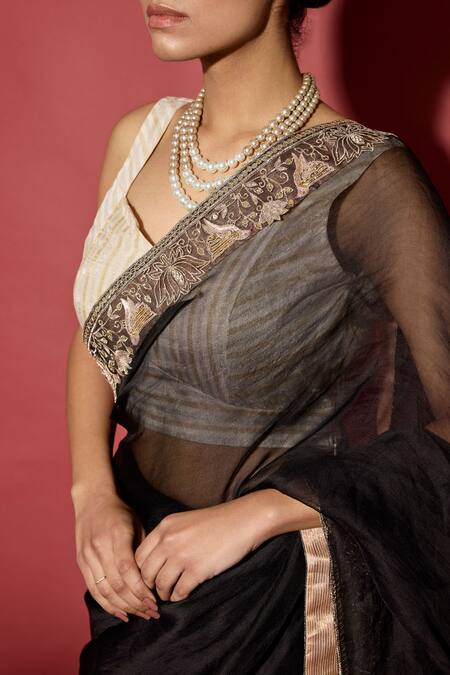 Apeksha Jain Label_Black Organza, Chanderi, Silk Embroidery Saree With Handmade Border And Blouse _at_Aza_Fashions