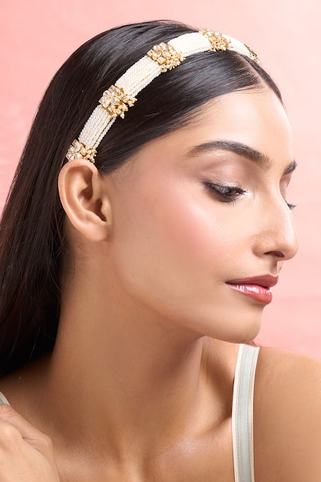 Shop Nazaakat By Samara Singh Gold Stones, Pearls Polki And Japanese Hair Band Online at Aza Fashions Shop_Nazaakat By Samara Singh_Gold Stones, Pearls Polki And Japanese Hair Band_Online_at_Aza_Fashions