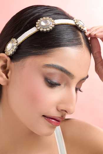 Nazaakat By Samara Singh_Multi Color Pearls Polki And Japanese Hair Band_at_Aza_Fashions