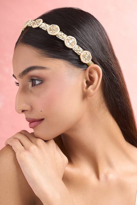 Shop_Nazaakat By Samara Singh_Gold Pearls Polki And Hair Band_Online_at_Aza_Fashions