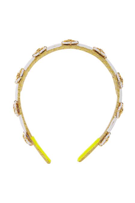 Nazaakat By Samara Singh_Gold Beads Kundan And Pearl Hair Band_Online_at_Aza_Fashions