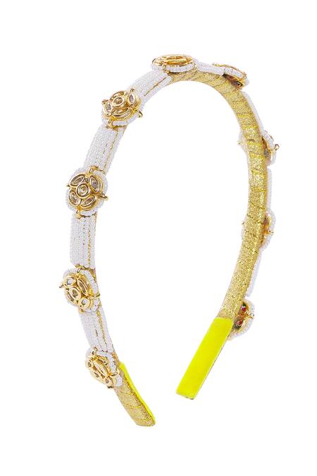 Buy_Nazaakat By Samara Singh_Gold Beads Kundan And Pearl Hair Band_Online_at_Aza_Fashions