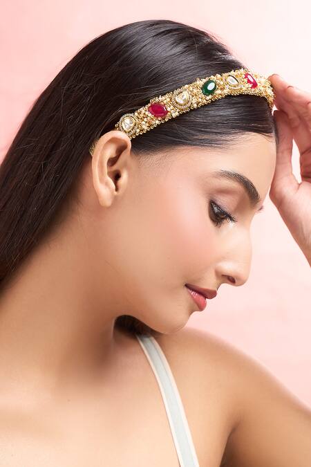Nazaakat By Samara Singh_Gold Pearls Polki And Hair Band_Online_at_Aza_Fashions
