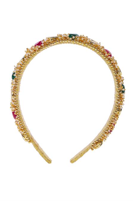 Shop_Nazaakat By Samara Singh_Gold Pearls Polki And Hair Band_Online_at_Aza_Fashions