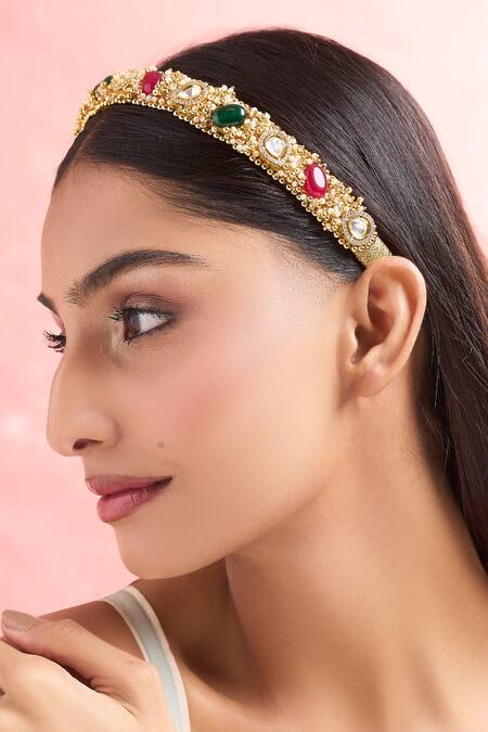 Nazaakat By Samara Singh_Gold Pearls Polki And Hair Band_at_Aza_Fashions