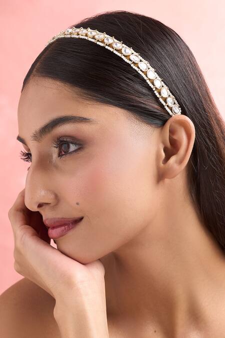 Nazaakat By Samara Singh_Gold Pearls Polki And Hair Band_at_Aza_Fashions