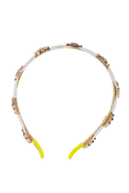 Nazaakat By Samara Singh_Gold Polki Pearl Embellished Hair Band_Online_at_Aza_Fashions