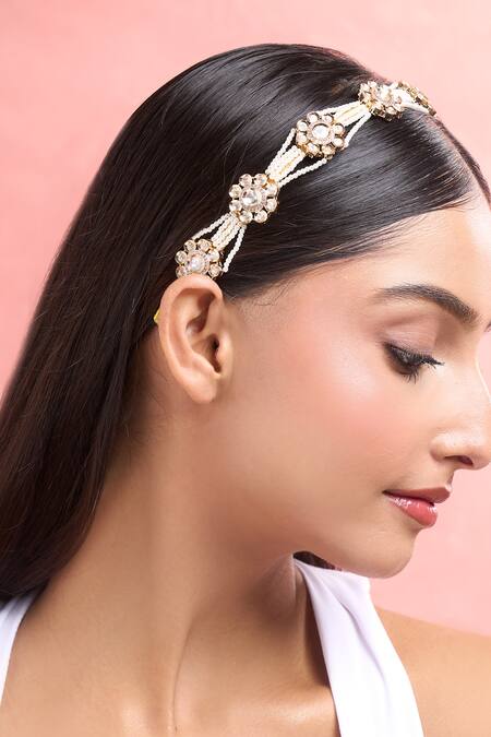Shop_Nazaakat By Samara Singh_Gold Polki Pearl Embellished Hair Band_Online_at_Aza_Fashions
