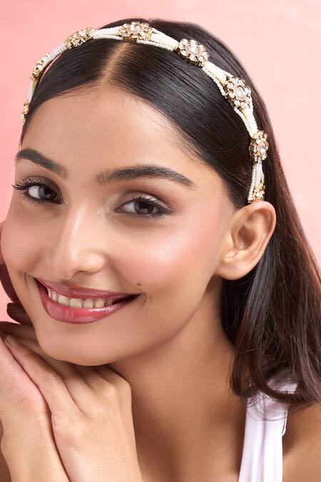 Nazaakat By Samara Singh_Gold Polki Pearl Embellished Hair Band_at_Aza_Fashions