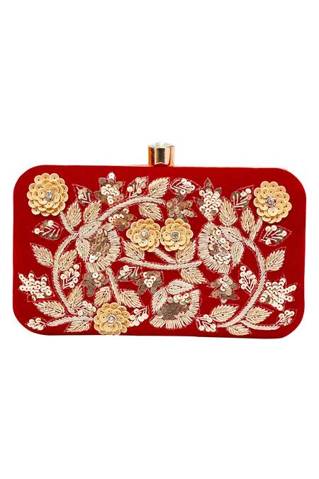 Nazaakat By Samara Singh_Red Embroidery, Sequins Velvet Clutch _Online_at_Aza_Fashions