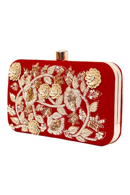 Buy_Nazaakat By Samara Singh_Red Embroidery, Sequins Velvet Clutch _Online_at_Aza_Fashions