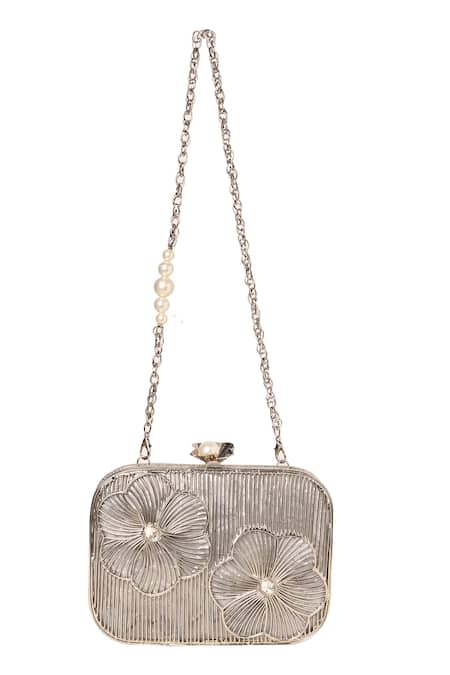 Samyukta Singhania Floral Embellished Silver Clutch 