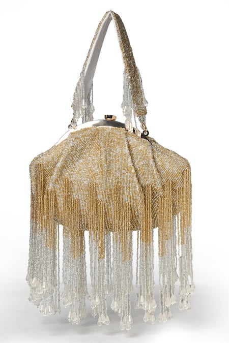 Nazaakat By Samara Singh_Gold Embroidery, Beads Designer Handbag With Fringe Embellishments _Online_at_Aza_Fashions