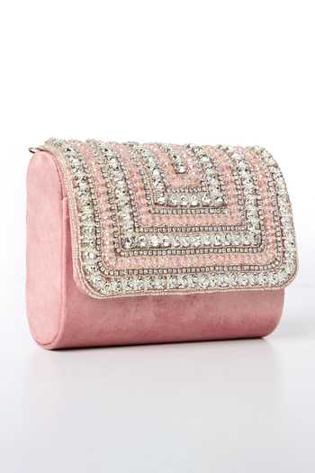 Nazaakat By Samara Singh_Pink Sequins, Crystals Embellished Suede Handbag_Online_at_Aza_Fashions
