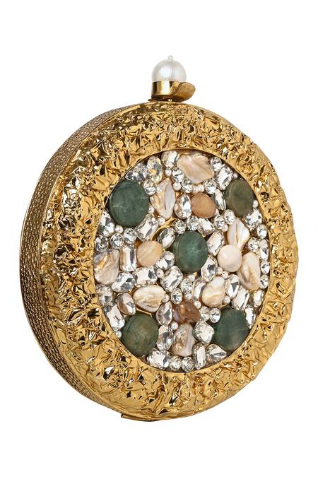 Nazaakat By Samara Singh_Gold Crystals, Stones Designer Hand-embellished Round Clutch _Online_at_Aza_Fashions