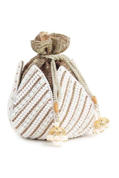 Nazaakat By Samara Singh_White Embroidery, Beads Designer Potli Bag _Online_at_Aza_Fashions