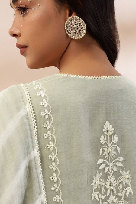 Shop Kyra By Bhavna Green Chanderi Silk, Cotton Embroidery Split V-neck Kurta Set Online at Aza Fashions Shop_Kyra By Bhavna_Green Chanderi Silk, Cotton Embroidery Split V-neck Kurta Set _Online_at_Aza_Fashions